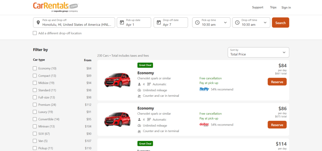 car rental search engines