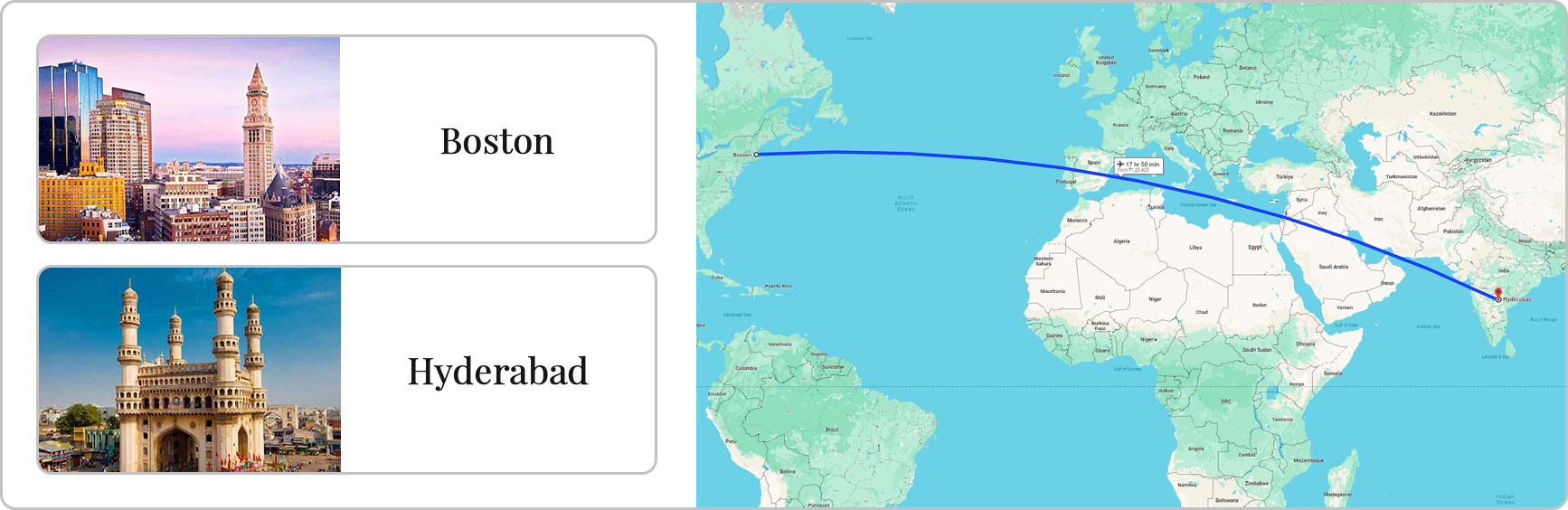 boston to hyderabad flights