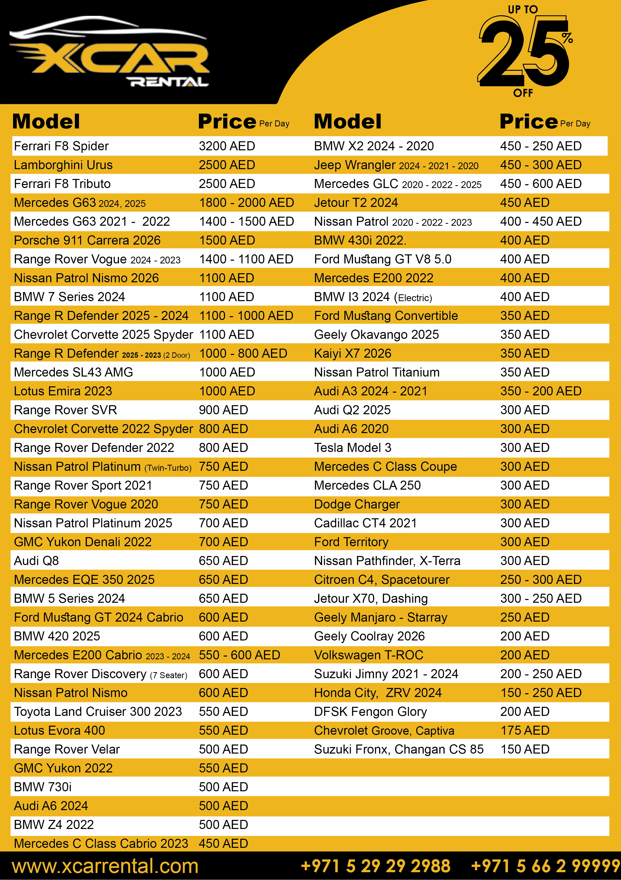 car rental price list